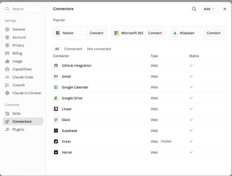The Claude Connectors page under Customize, listing connected web connectors including a custom one named ticker