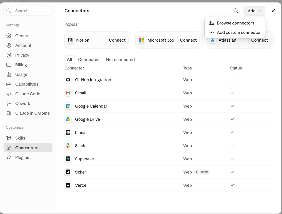 The Add dropdown open on the Connectors page, showing Browse connectors and Add custom connector