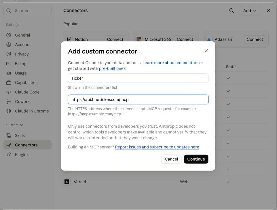 The Add custom connector dialog filled in with the name Ticker and the Ticker MCP server URL