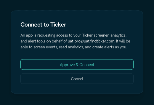 Ticker's Connect to Ticker page, listing screener, analytics and alert access, with an Approve & Connect button