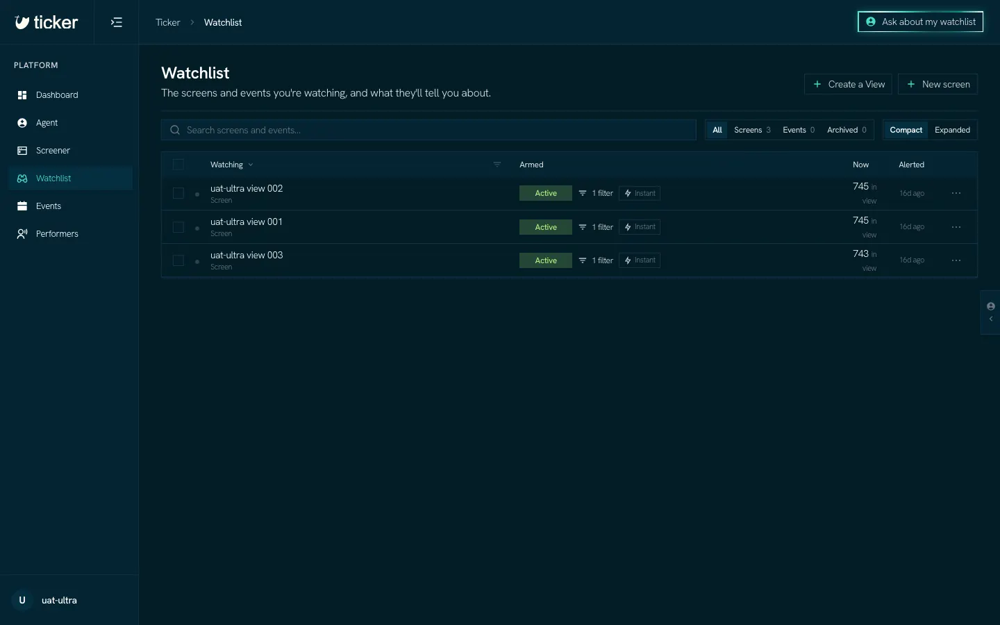 The Watchlist with three Views, each with its state, its filter count, its Alert timing and the number of events in it now