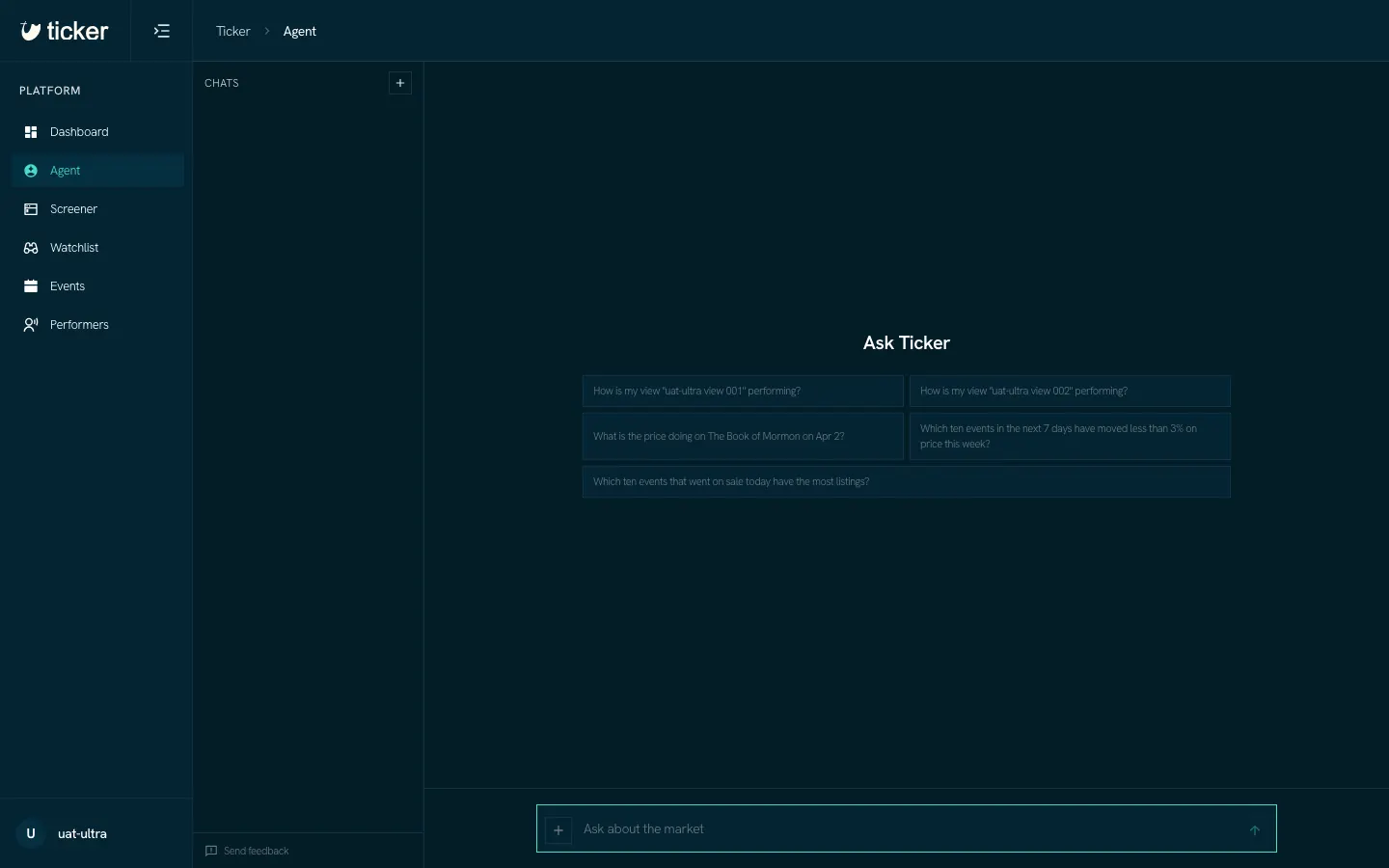 The Agent page with the list of chats on the left and suggested questions in the middle