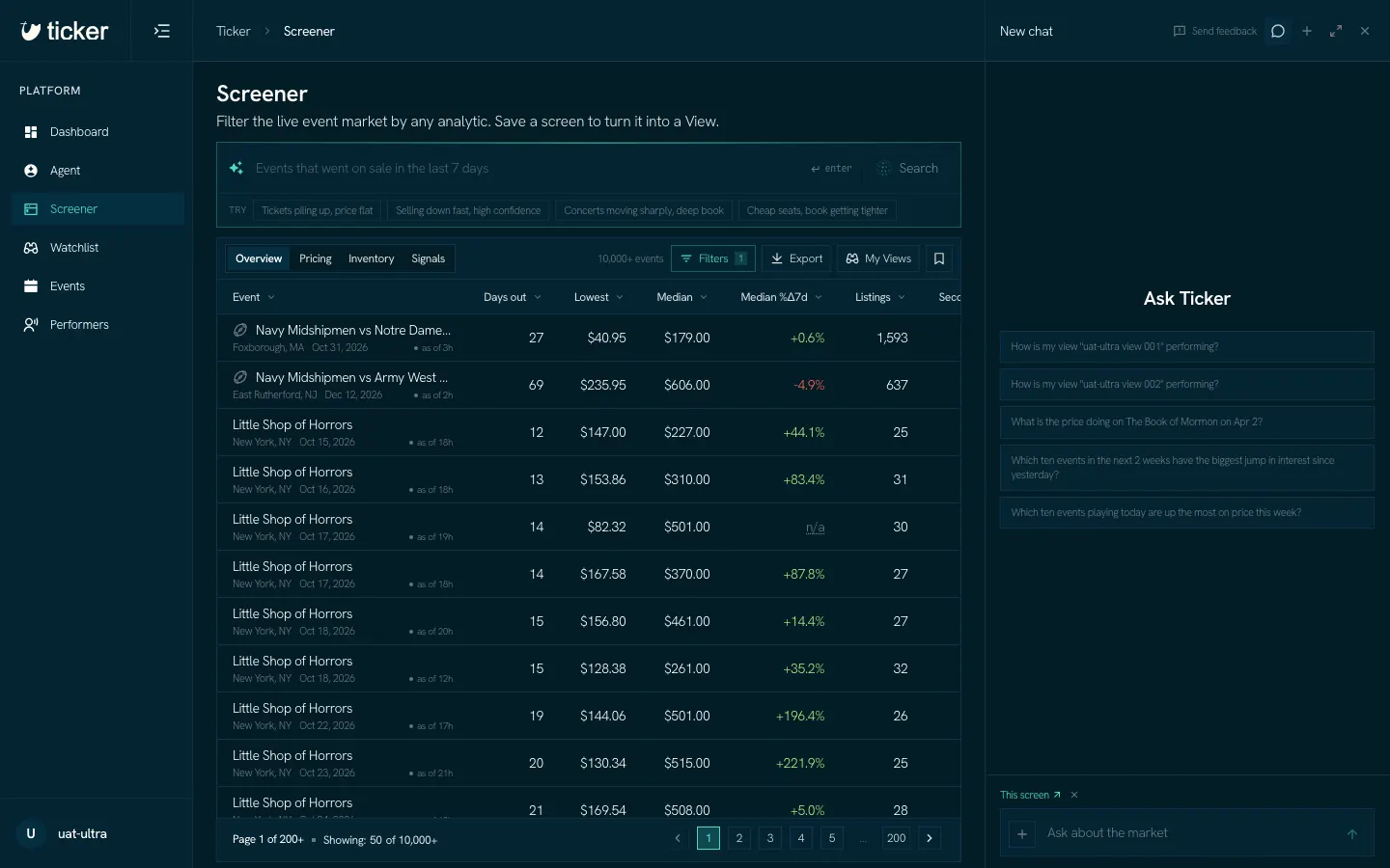 The Screener with the Agent open in a column on the right, the current screen attached to the question box