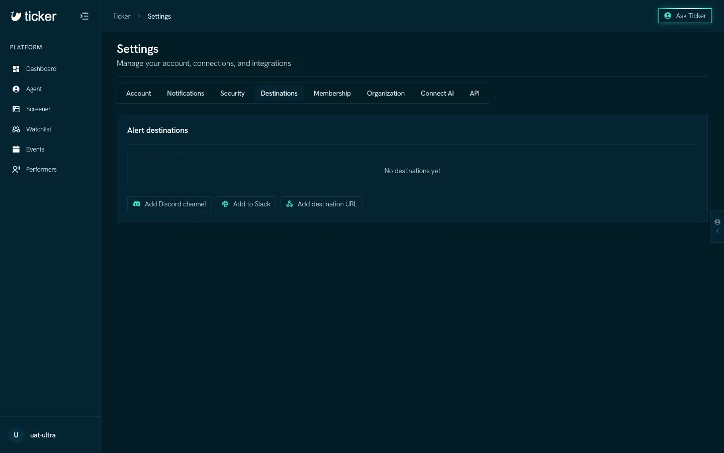 Settings on the Destinations tab, with buttons to add a Discord channel, Slack or a destination URL